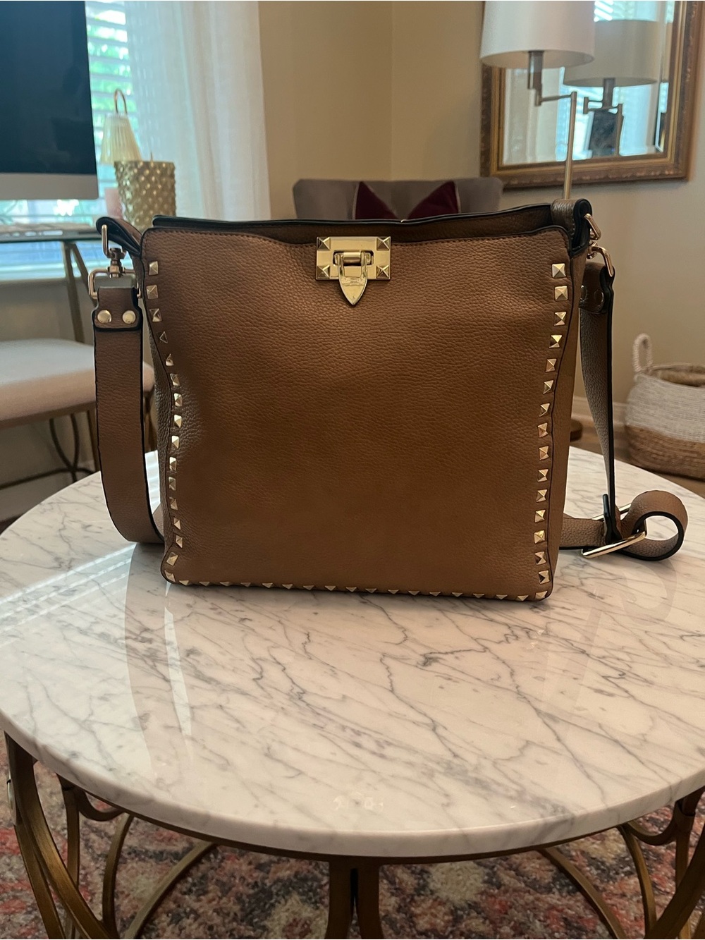 Stud-Trim Taupe Leather Crossbody Bag with Turn-Lock